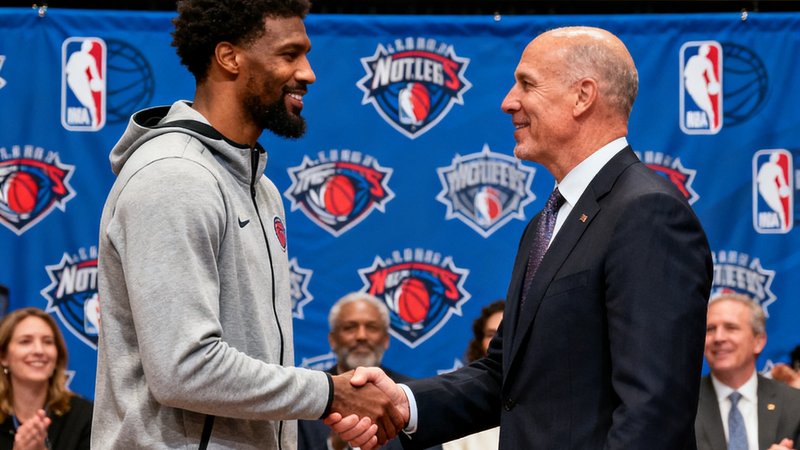 NBA休赛期交易市场上球员与总经理握手的签约现场画面